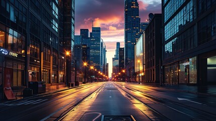 Empty streets and sunrise sky illuminate city skyline at dawn. copy space for text. - obrazy, fototapety, plakaty