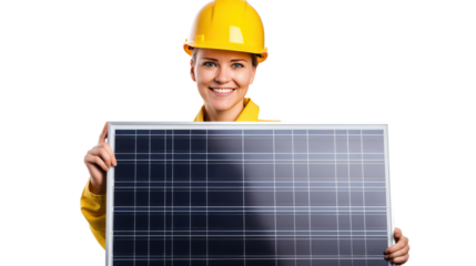 Female engineer holding a solar panel isolated on transparent and white background.PNG image.