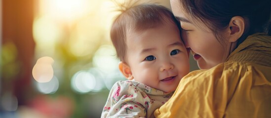 Asian infant interacting with mother