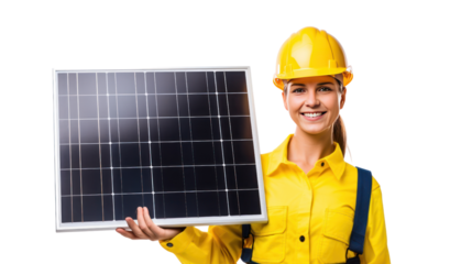 Female engineer holding a solar panel isolated on transparent and white background.PNG image.