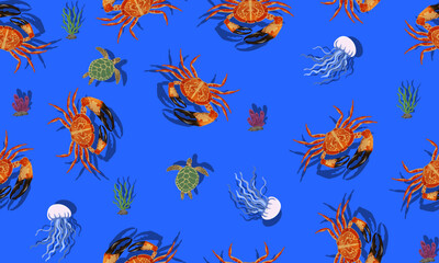 Fototapeta na wymiar Vector seamless pattern with sea animals on blue background.