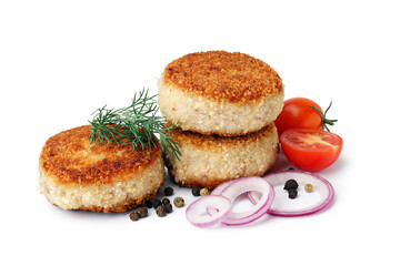 Fototapeta na wymiar Tasty meat cutlets, tomatoes, onion, peppercorn and dill on white background
