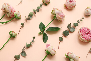 Beautiful pink roses and eucalyptus on beige background