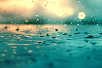 Naklejka na ściany i meble Golden Raindrops on Calm Water Surface