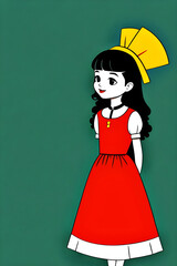 cute cartoon illustration of a little brunette girl wearing a red and white dress and traditional yellow headdress