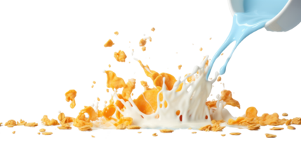 Corn flakes with milk splash in white bowl isolated on white background.