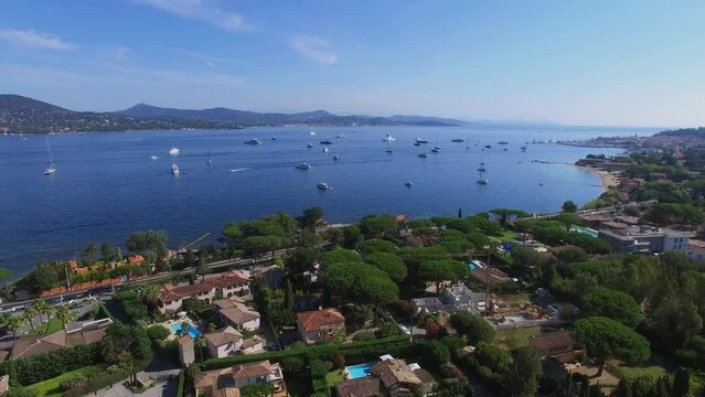 Gassin, France, Panorama of coastal town with transport traffic 