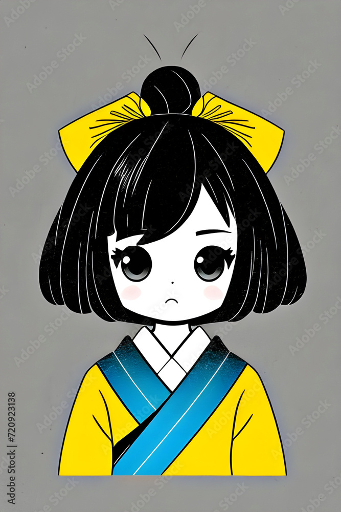 Wall mural cute cartoon illustration of a frowning little Japanese girl wearing a yellow and blue kimono and a yellow ribbon in her short hair