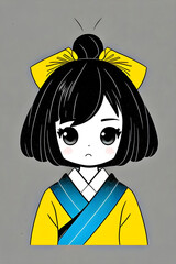 cute cartoon illustration of a frowning little Japanese girl wearing a yellow and blue kimono and a yellow ribbon in her short hair