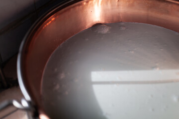 Fresh Goat Milk Heating Up in Ancient Cooper Cauldron at a traditional Alp Farm In Slovenia