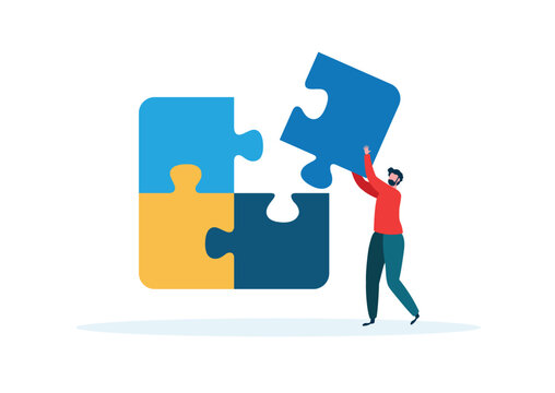 Man Completing Large Puzzle Pieces Illustration, Teamwork connect to successful together concept. 