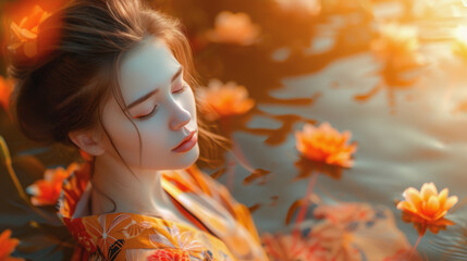 A woman in a kimino resting next to a pond with floating lillies. She has a pale, flawless complexion and her eyes are closed. in relaxation.