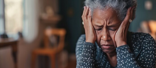 Senior woman black people with depression sitting with her head in her hands at home - obrazy, fototapety, plakaty