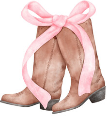 Coquette Cowgirl Boots and pink ribbon bow watercolor