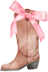 Coquette Cowgirl Boots and pink ribbon bow watercolor