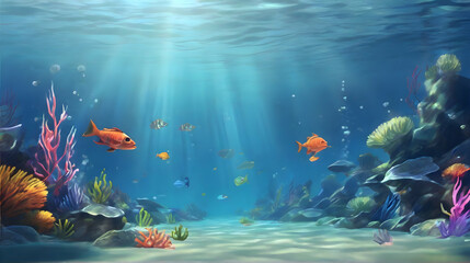 Obraz na płótnie Canvas Underwater natural scenery with fish and coral reefs. Underwater background. Cartoon or anime illustration style.