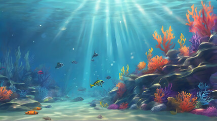Fototapeta na wymiar Underwater natural scenery with fish and coral reefs. Underwater background. Cartoon or anime illustration style.