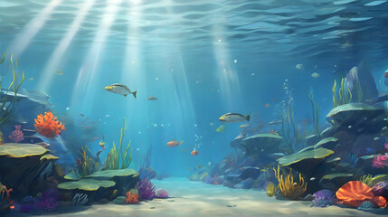 Obraz na płótnie Canvas Underwater natural scenery with fish and coral reefs. Underwater background. Cartoon or anime illustration style.
