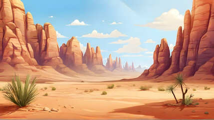 Desert natural landscape with sandstone hills and cactus plants. Cartoon or anime illustration style.
