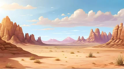 Deurstickers Desert natural landscape with sandstone hills and cactus plants. Cartoon or anime illustration style. © EPDICAY
