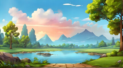 Natural landscape with mountains and lakes. Nature background. Cartoon or anime illustration style.