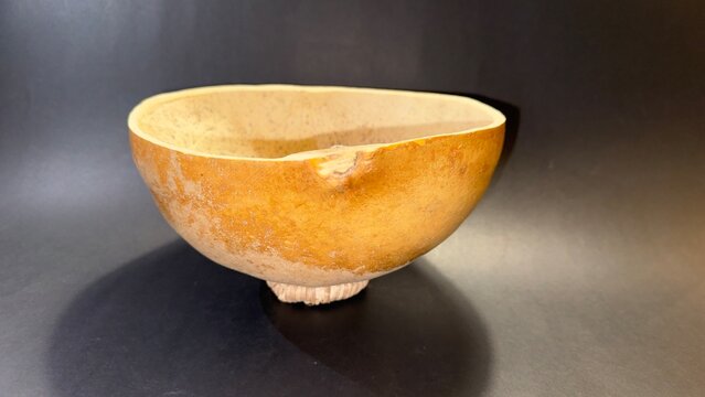 close-up of a typical container made from the fruit of the tecomate or morro tree.  black background with copy space