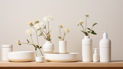 Product photography, skincare products inspired by nature, ceramic materials