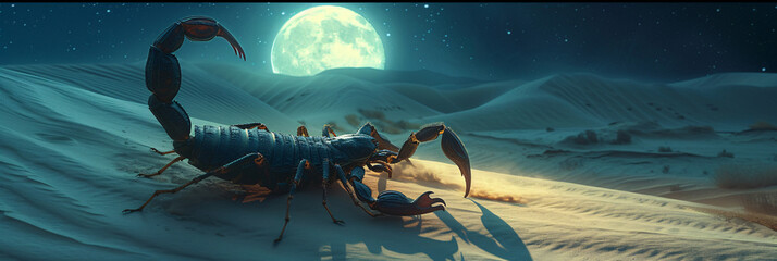 A Sinister Scorpion Lurking in a Desert Under a Full Moon, Evoking Danger and the Harshness of Nature