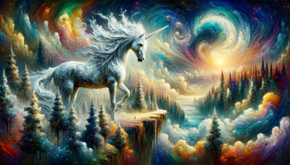 Majestic Unicorn Overlooking Valley.
A unicorn stands atop a cliff in a surreal landscape.