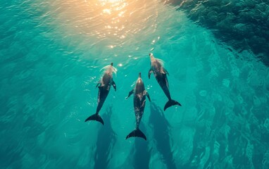 Beautiful bottlenose dolphins jumping out of sea with clear blue water on sunset sky.