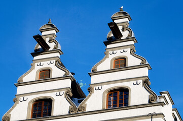 close-up of the roof construction of the Gaffel house from the year 1213 on the Alter Markt in the...