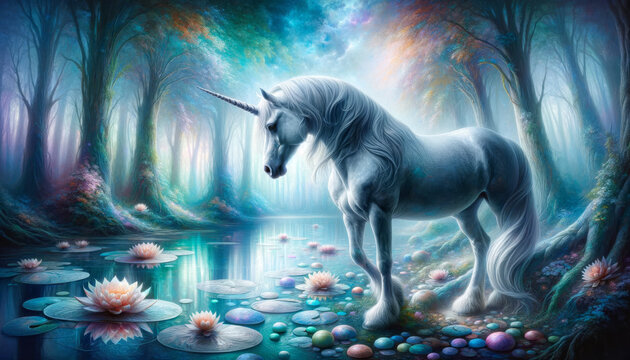 In a misty realm, a unicorn drinks from a tranquil lake, surrounded by lotus blooms, a scene of pure tranquility and mythical grace.