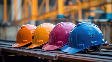 Safety helmets in a row on table background construction site and copy space