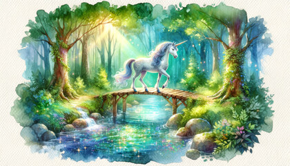 Enchanted Forest Crossing.
Unicorn crossing a magical bridge in an ethereal forest.