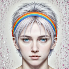 Naklejka premium Nonbinary person wearing a rainbow headband. LGBTQ