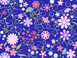 花と鳥のシームレスパターン　D-3