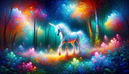 Obraz na płótnie Canvas Unicorn's Enchanted Floral Path. A unicorn walking through an enchanted forest with a radiant floral path.