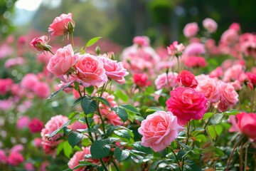 Beautiful display of roses in a large garden