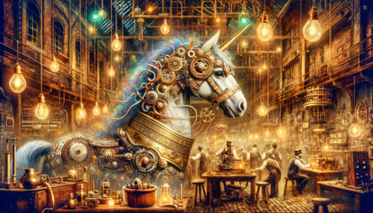 Steampunk Storytime Soirée.
A whimsical steampunk unicorn partakes in a storytime gathering in a richly detailed vintage workshop.