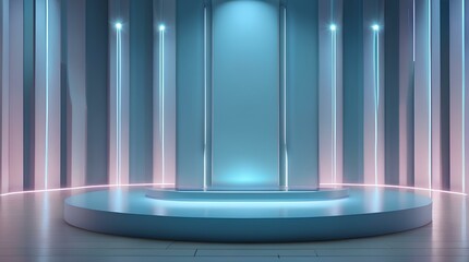 未来的な抽象的な空のステージ。 モダンなスタジオ、ショールーム。 スポットライト、ステージ。 パステルブルー背景、コピースペース｜Futuristic abstract empty stage. Modern studio and showroom. spotlight, stage. Pastel blue background, copy space. Generative AI