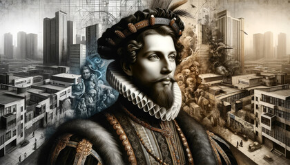 A portrait blending Renaissance nobility with a modern urban backdrop, symbolizing the juxtaposition of history and progress.