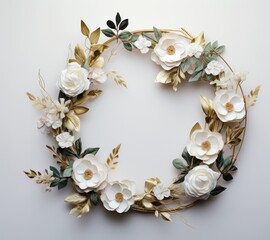 Wreath of white flowers with gold leaves on a white background. Generative AI