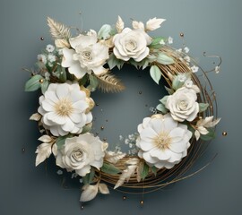 Wedding wreath with white roses and golden leaves on dark background Generative AI