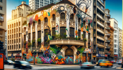 An artistic display of vibrant graffiti on the facade of a classical building amidst the hustle of city life. - obrazy, fototapety, plakaty