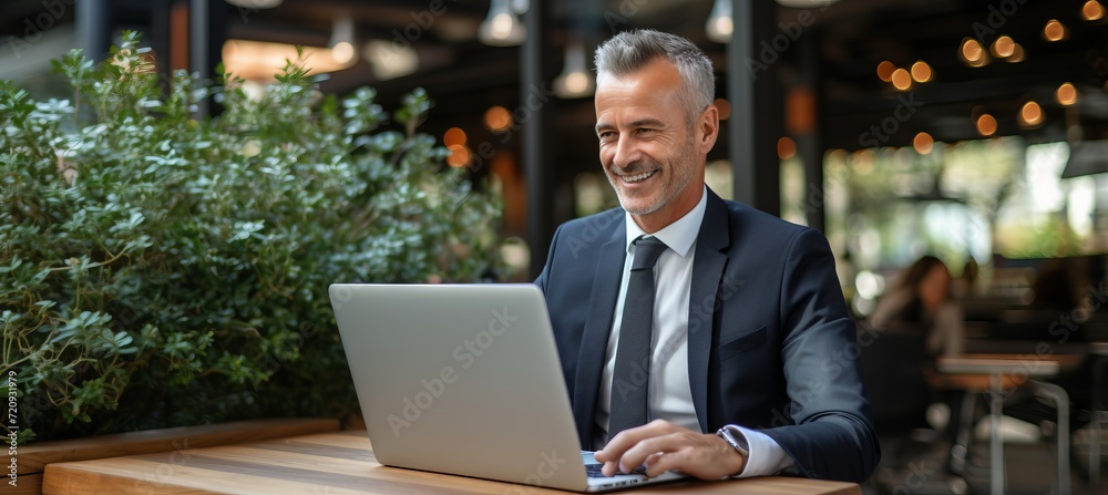 Poster smiling mature businessman using laptop computer with empty space for text placement