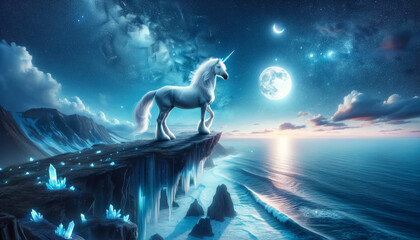 A solitary unicorn stands at a cliff's edge, bathed in the ethereal glow of a rising moon over the ocean.
