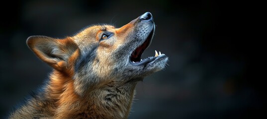 Intense close up of a majestic howling wild dog with ample copy space for text placement