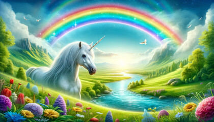 Enchanted Unicorn with Rainbow.
An enchanted unicorn stands by a river, beneath a bright rainbow in a fantastical valley.