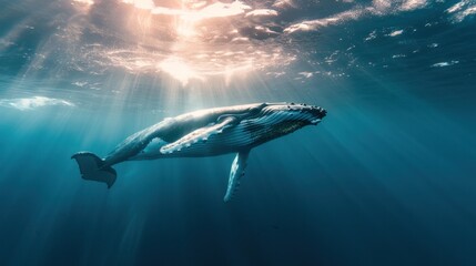 Humpback Whale under Ocean - obrazy, fototapety, plakaty