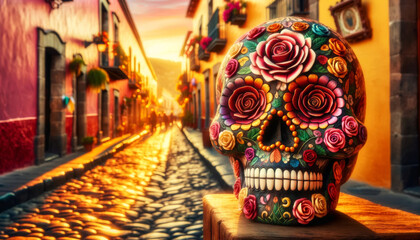 Decorated Skull on Cobblestone Street at Sunset
An intricately decorated skull on a cobblestone street in Mexico during golden hour.